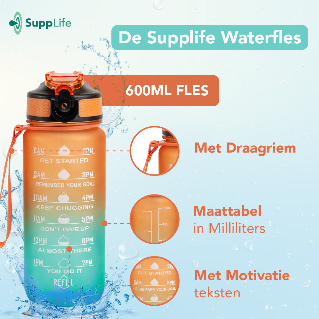 Supplife Motivatie Waterfles Oranje Cyaan - 600 ml