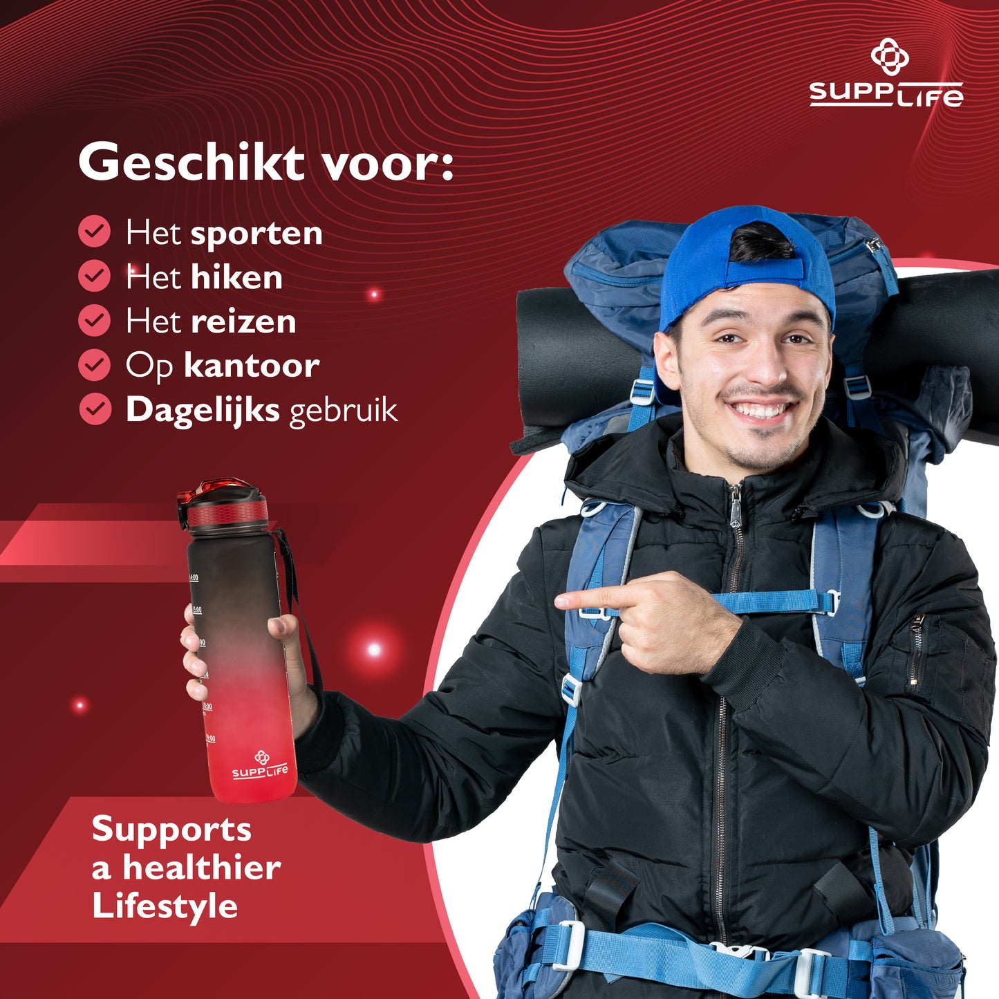 Supplife Nederlandse Motivatie Waterfles - Onyx Red - 1 Liter
