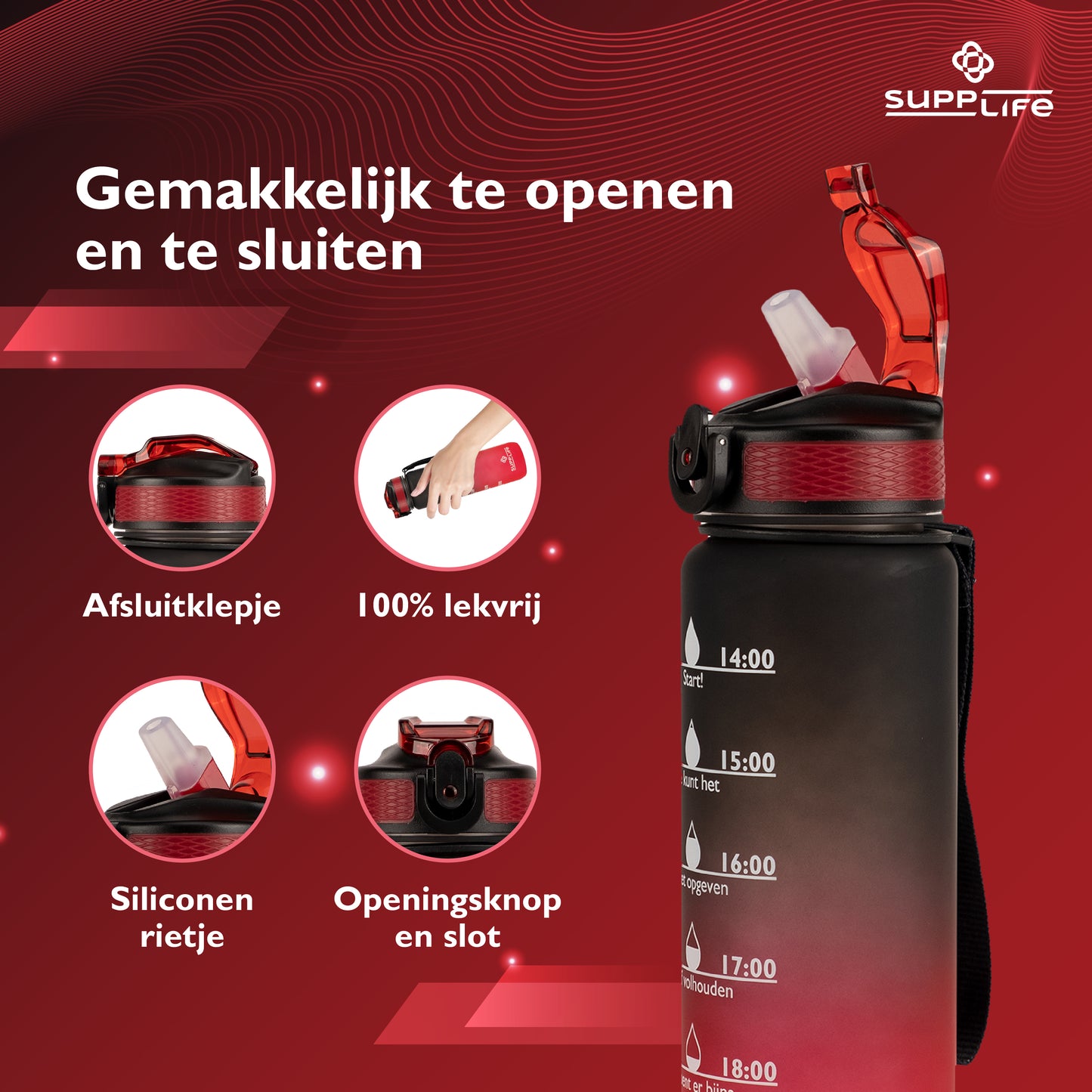Supplife Nederlandse Motivatie Waterfles - Onyx Red - 1 Liter