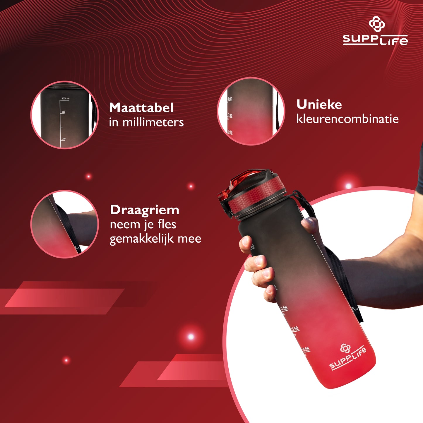 Supplife Nederlandse Motivatie Waterfles - Onyx Red - 1 Liter