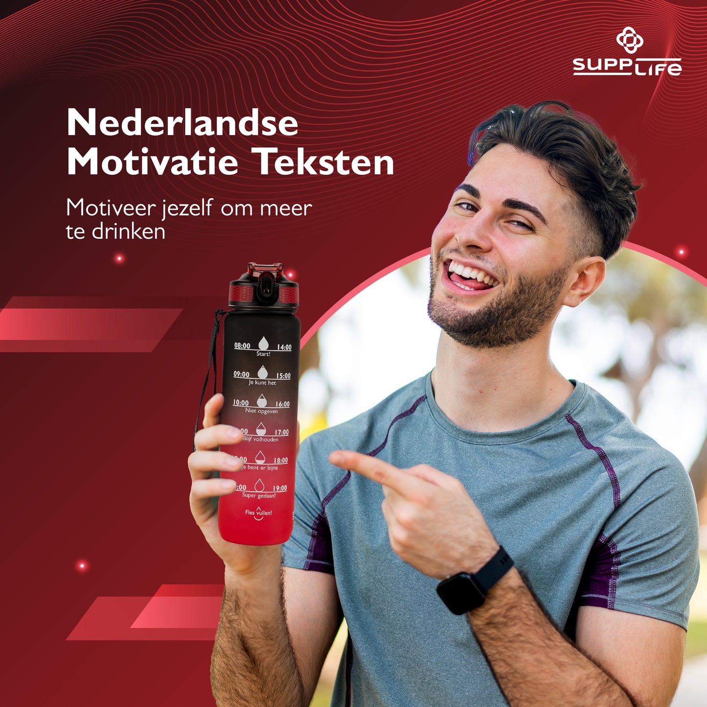 Supplife Nederlandse Motivatie Waterfles - Onyx Red - 1 Liter