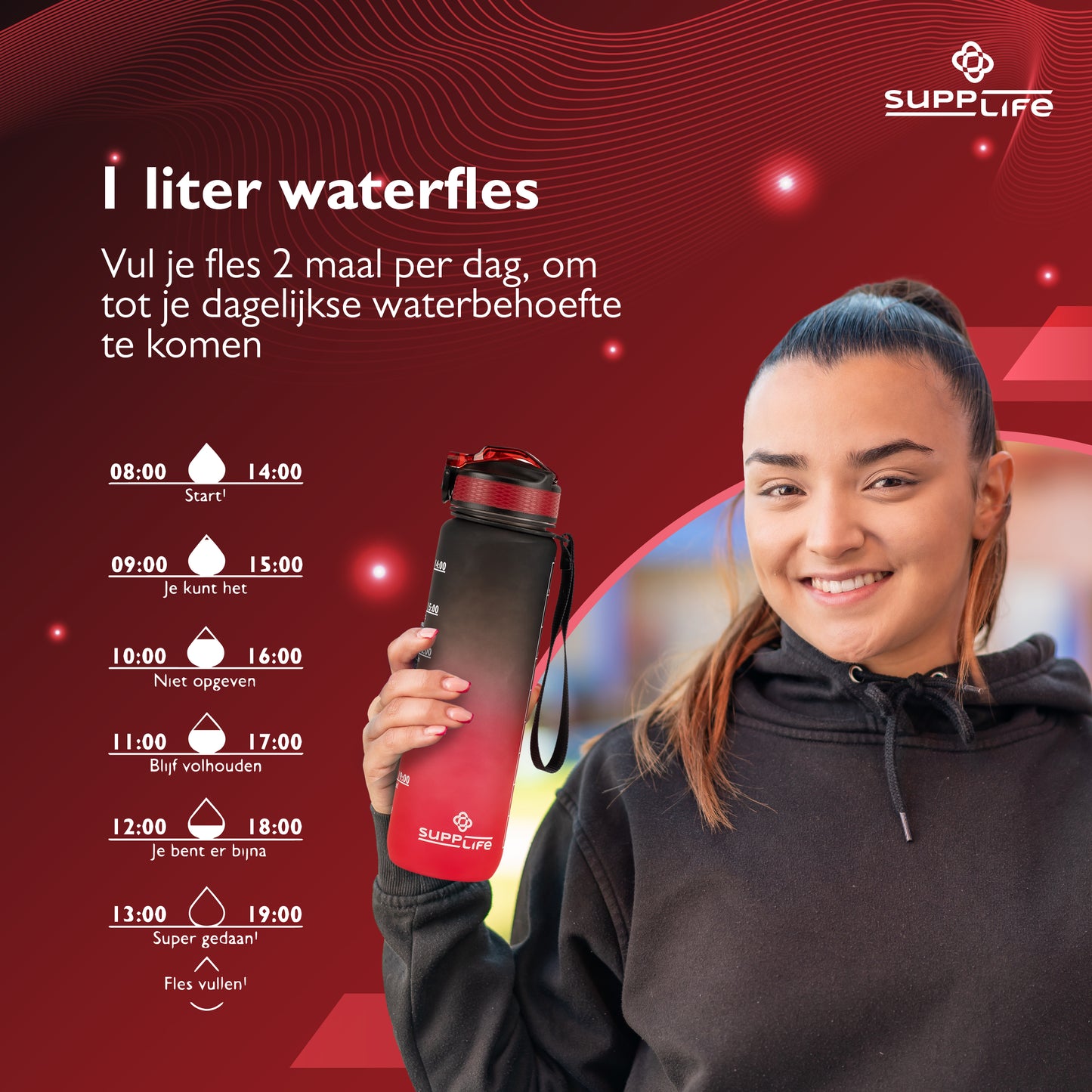 Supplife Nederlandse Motivatie Waterfles - Onyx Red - 1 Liter