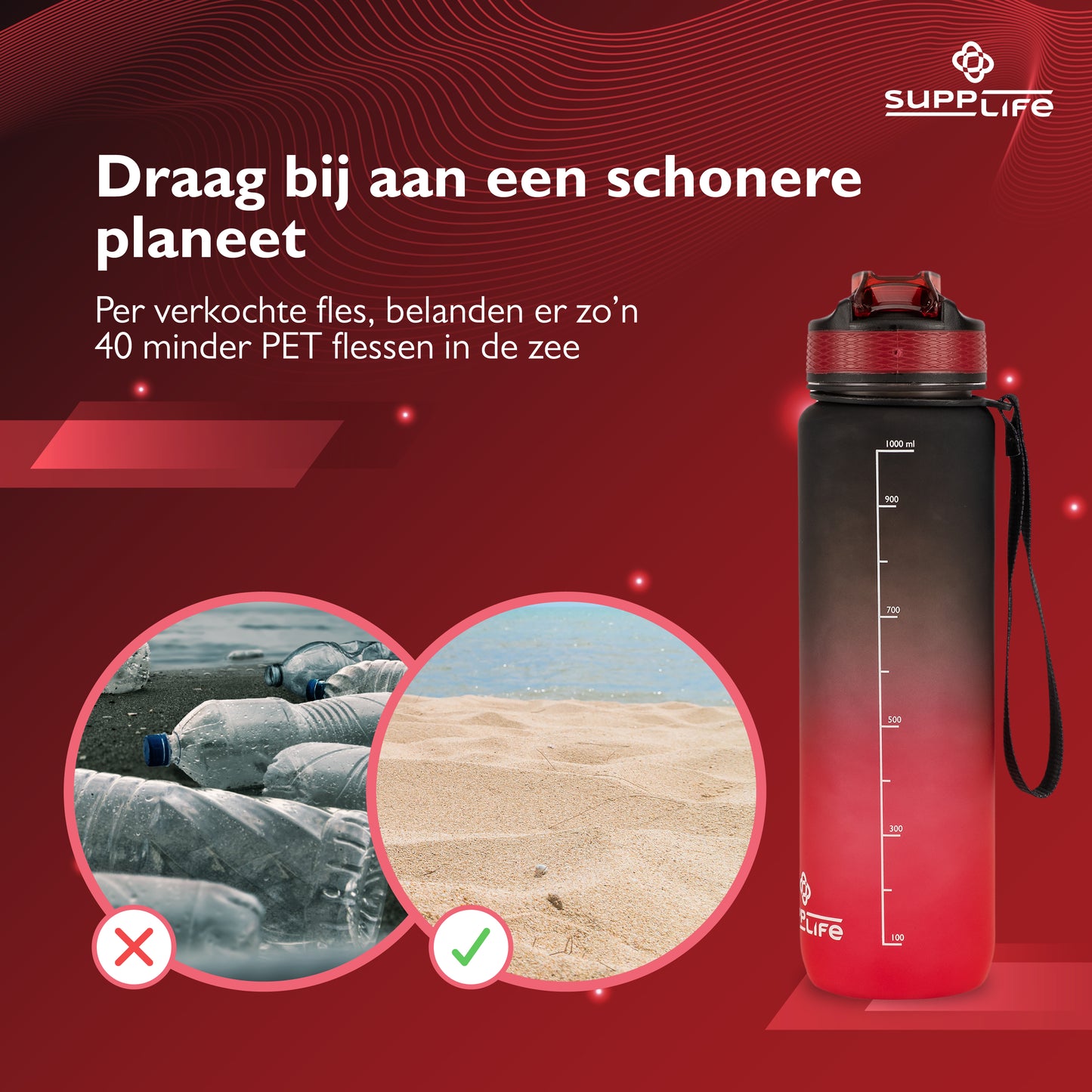 Supplife Nederlandse Motivatie Waterfles - Onyx Red - 1 Liter