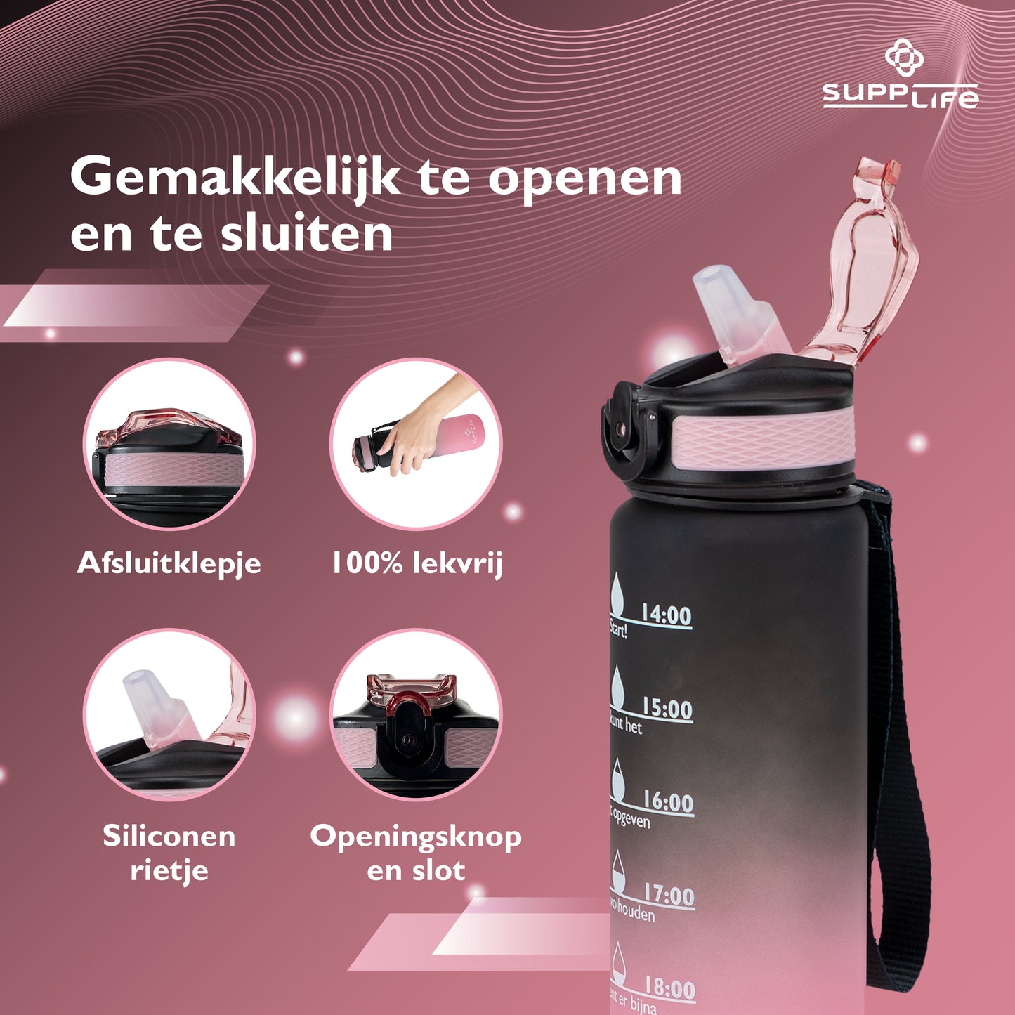 Supplife Nederlandse Motivatie Waterfles - Black Pink - 1 Liter