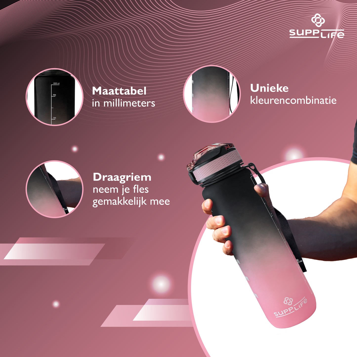 Supplife Nederlandse Motivatie Waterfles - Black Pink - 1 Liter