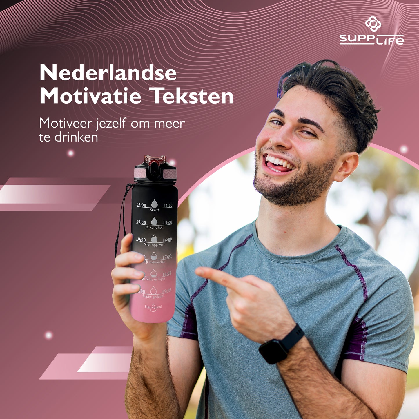 Supplife Nederlandse Motivatie Waterfles - Black Pink - 1 Liter