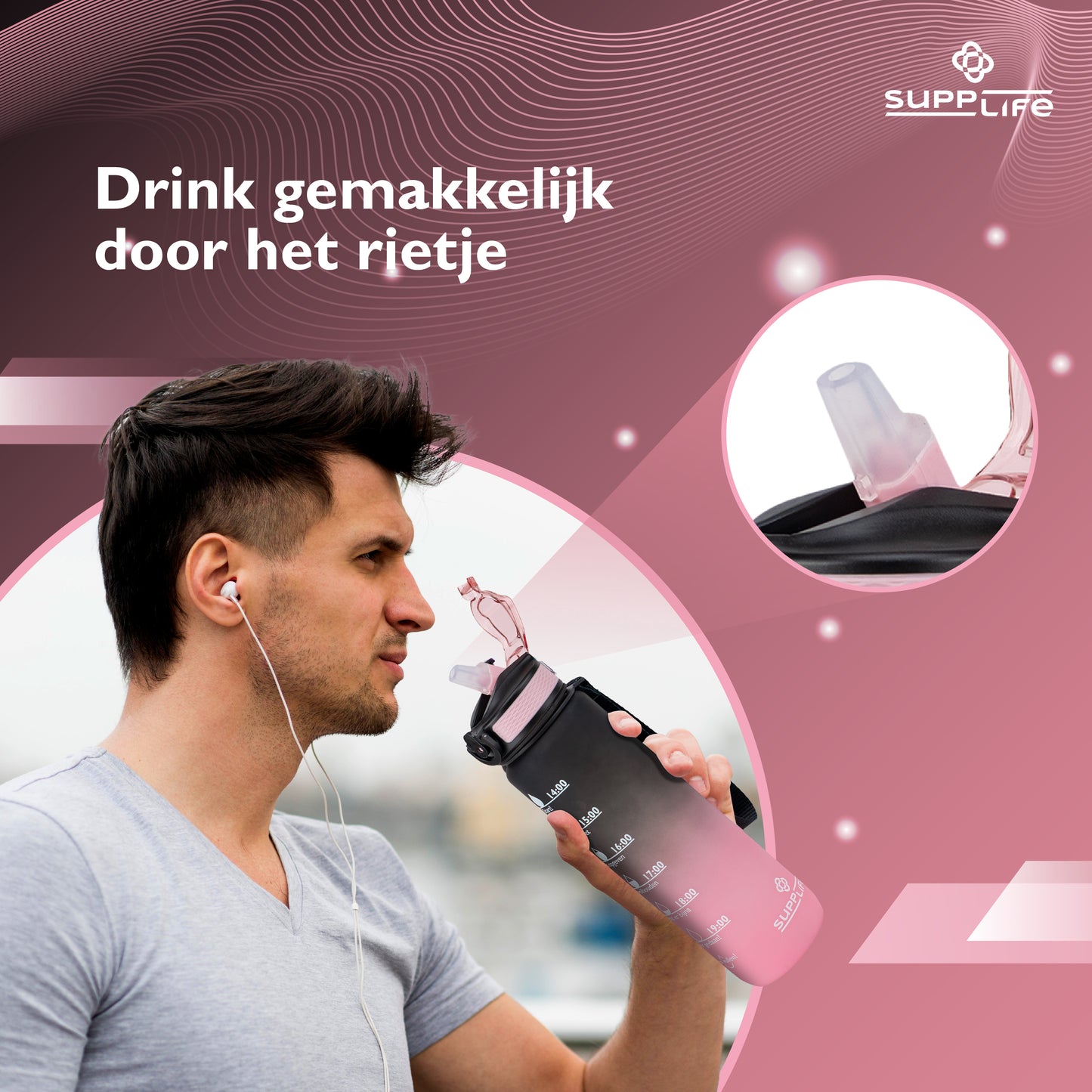 Supplife Nederlandse Motivatie Waterfles - Black Pink - 1 Liter