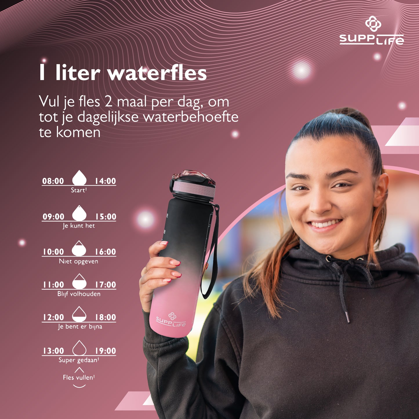 Supplife Nederlandse Motivatie Waterfles - Black Pink - 1 Liter