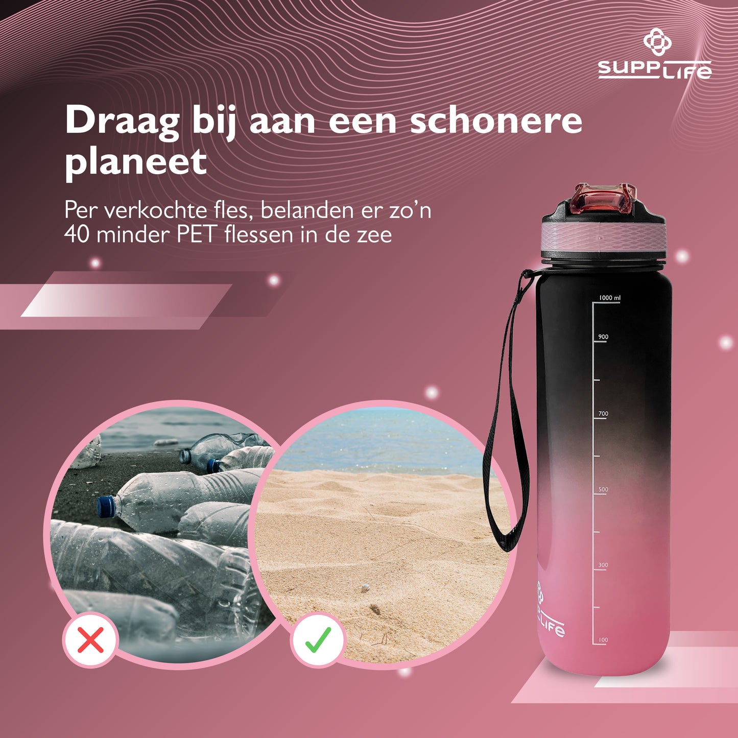 Supplife Nederlandse Motivatie Waterfles - Black Pink - 1 Liter