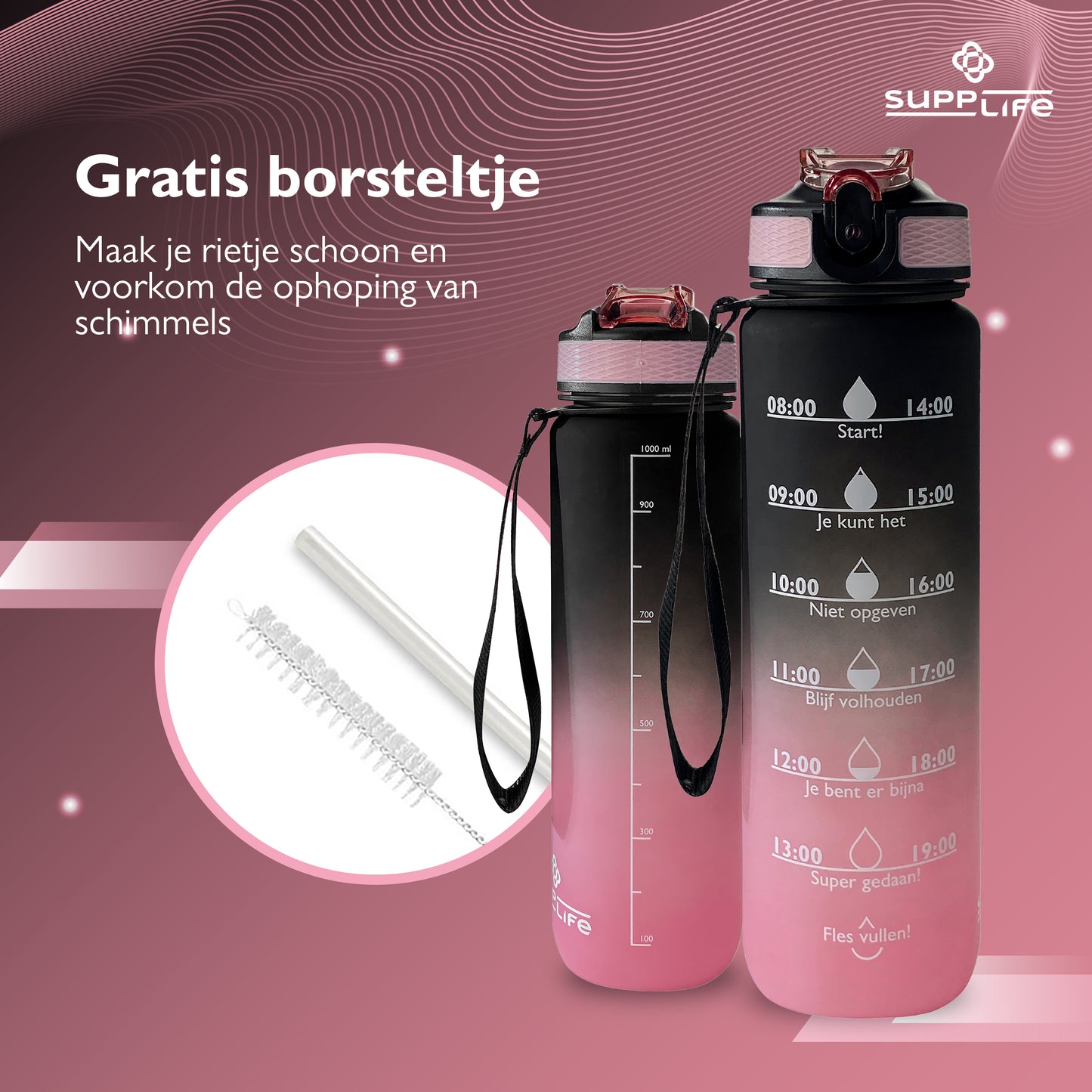 Supplife Nederlandse Motivatie Waterfles - Black Pink - 1 Liter