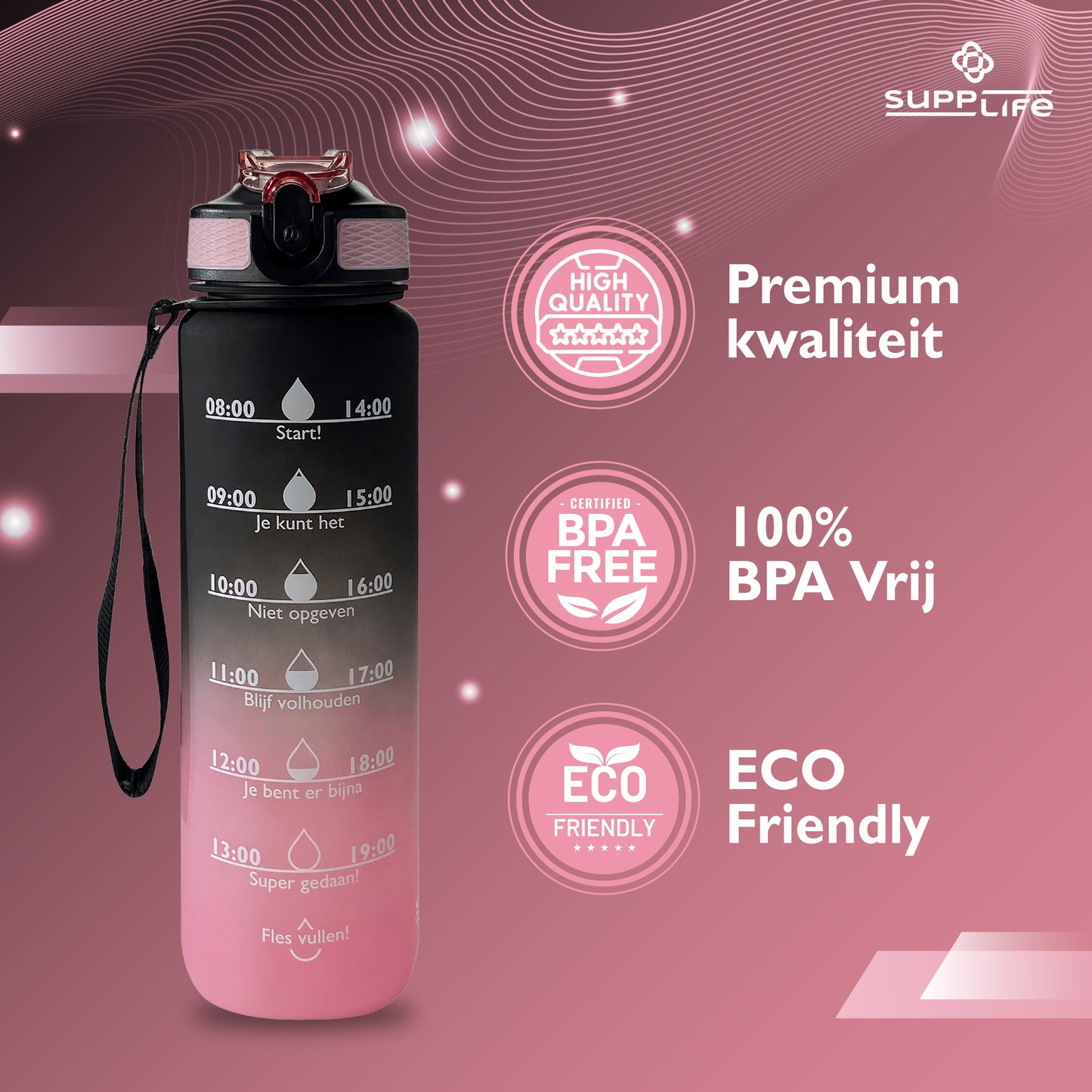 Supplife Nederlandse Motivatie Waterfles - Black Pink - 1 Liter