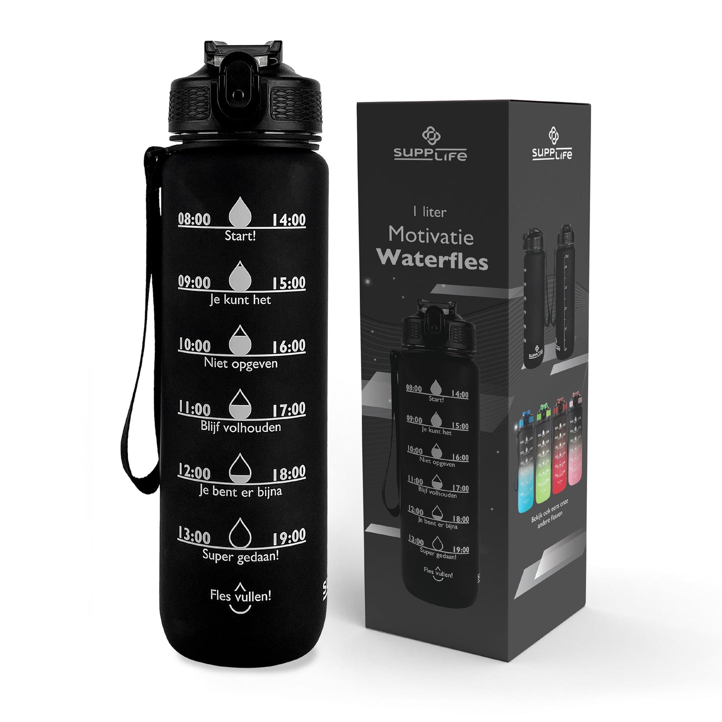 Supplife Nederlandse Motivatie Waterfles - Full Black- 1 Liter