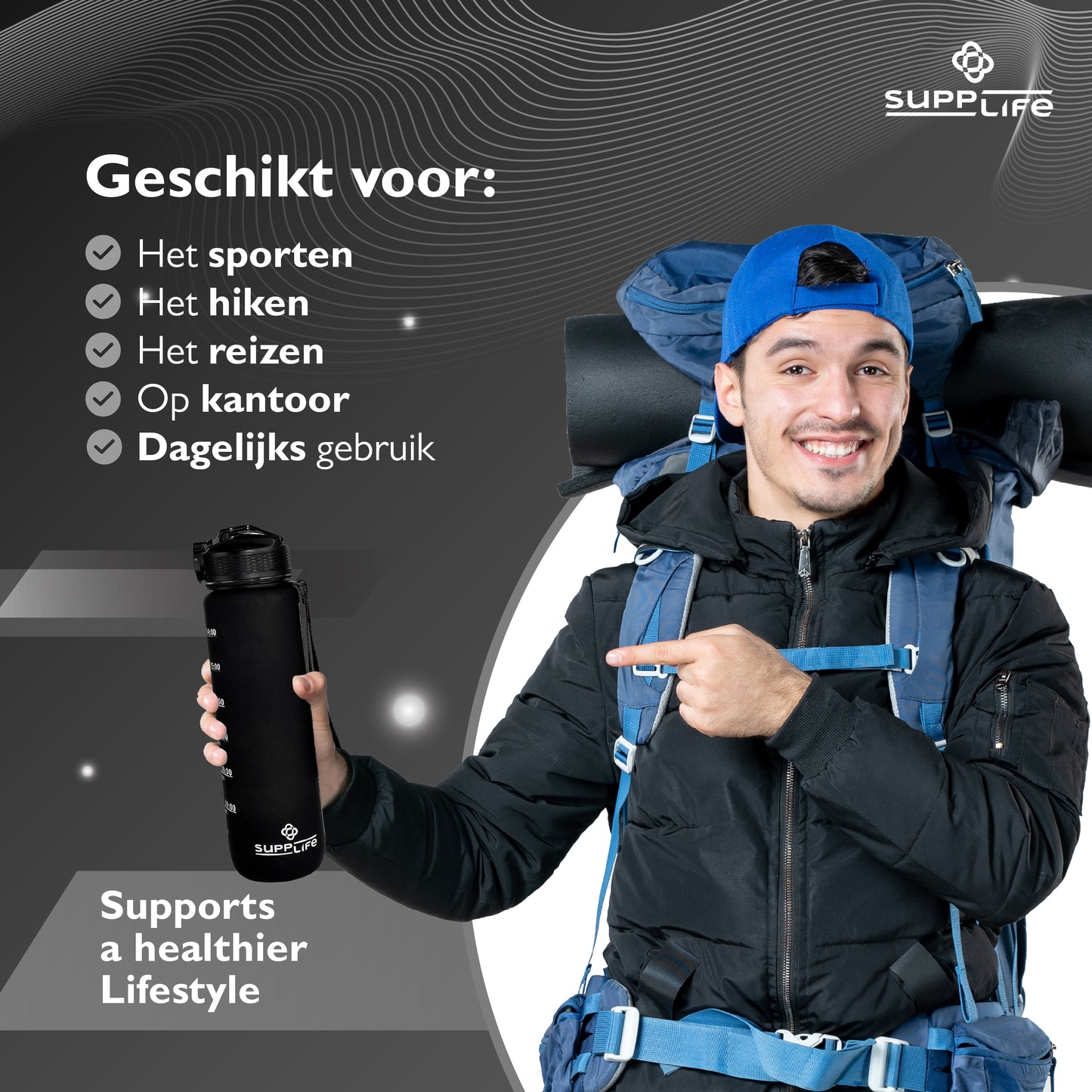 Supplife Nederlandse Motivatie Waterfles - Full Black- 1 Liter