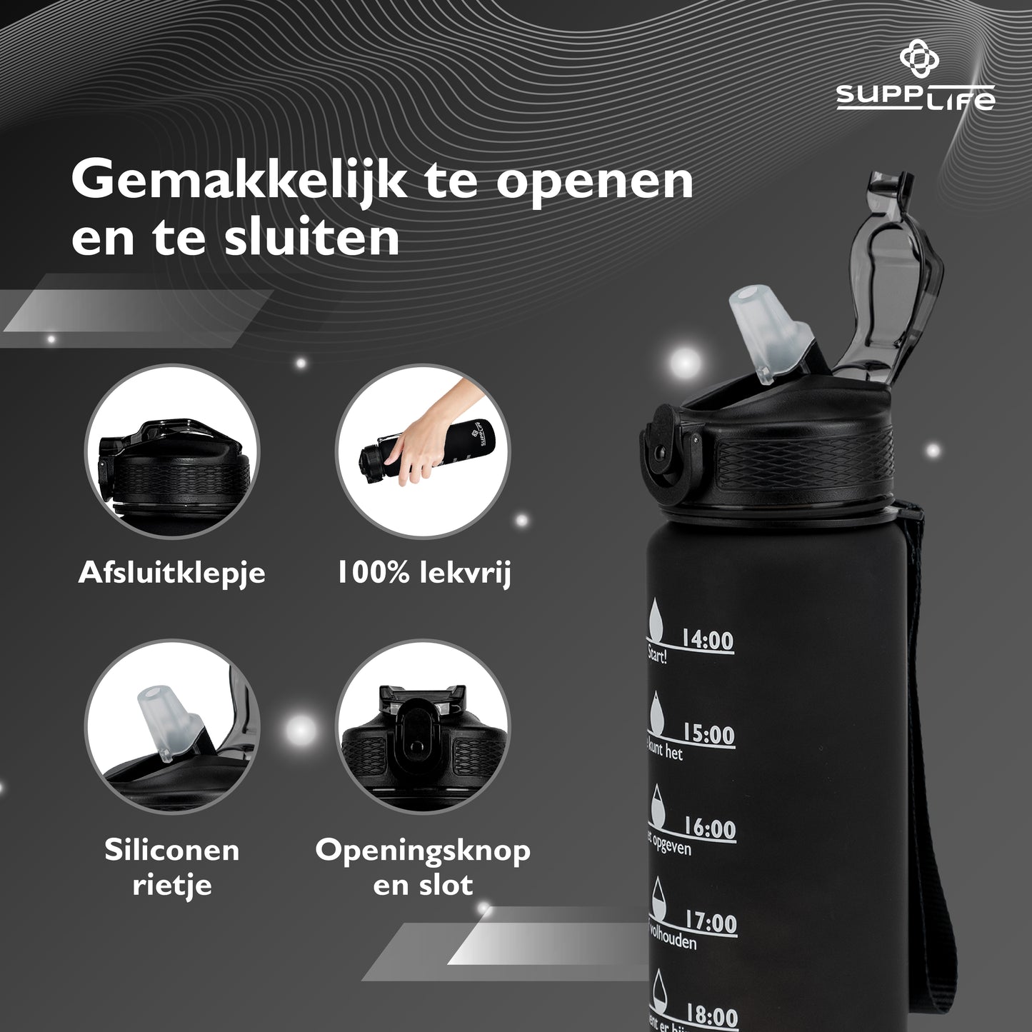 Supplife Nederlandse Motivatie Waterfles - Full Black- 1 Liter