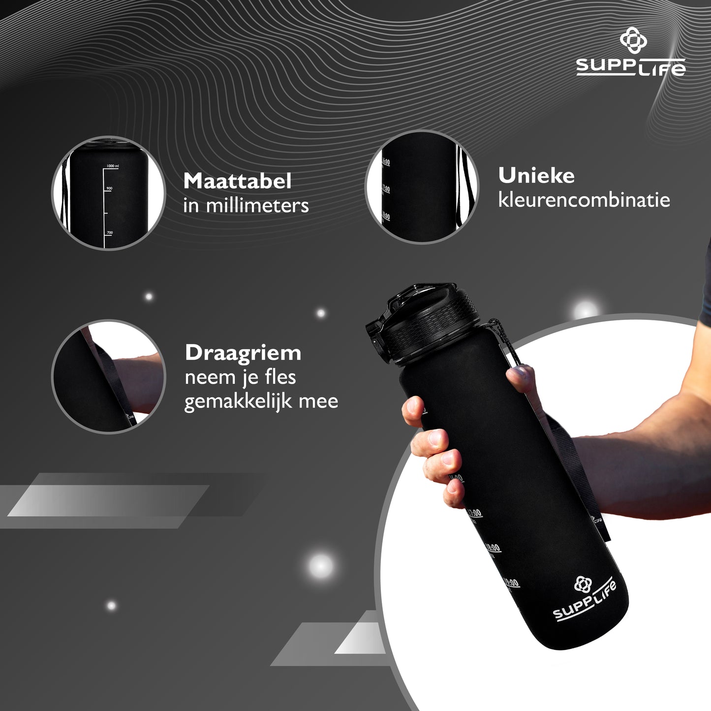 Supplife Nederlandse Motivatie Waterfles - Full Black- 1 Liter