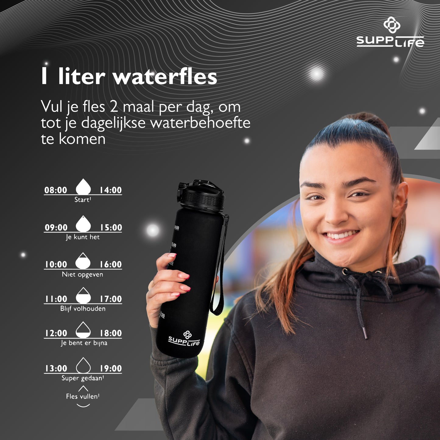 Supplife Nederlandse Motivatie Waterfles - Full Black- 1 Liter