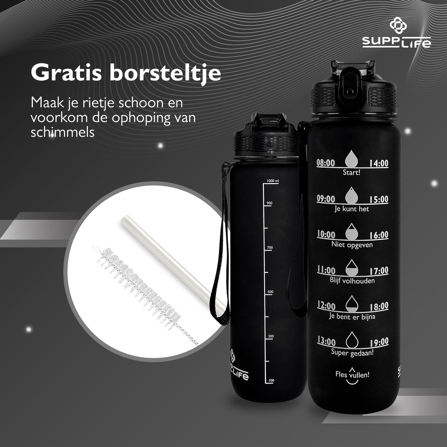Supplife Nederlandse Motivatie Waterfles - Full Black- 1 Liter