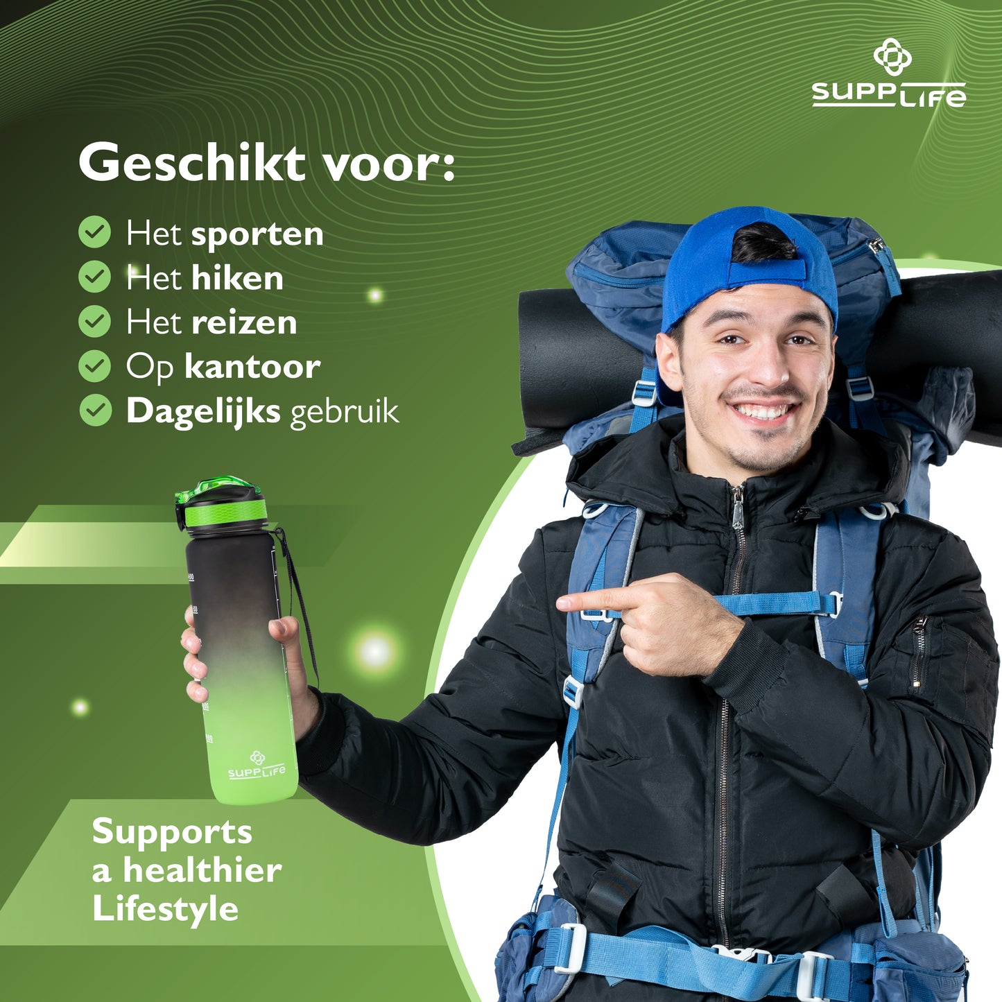 Supplife Nederlandse Motivatie Waterfles - Onyx Lime - 1 Liter