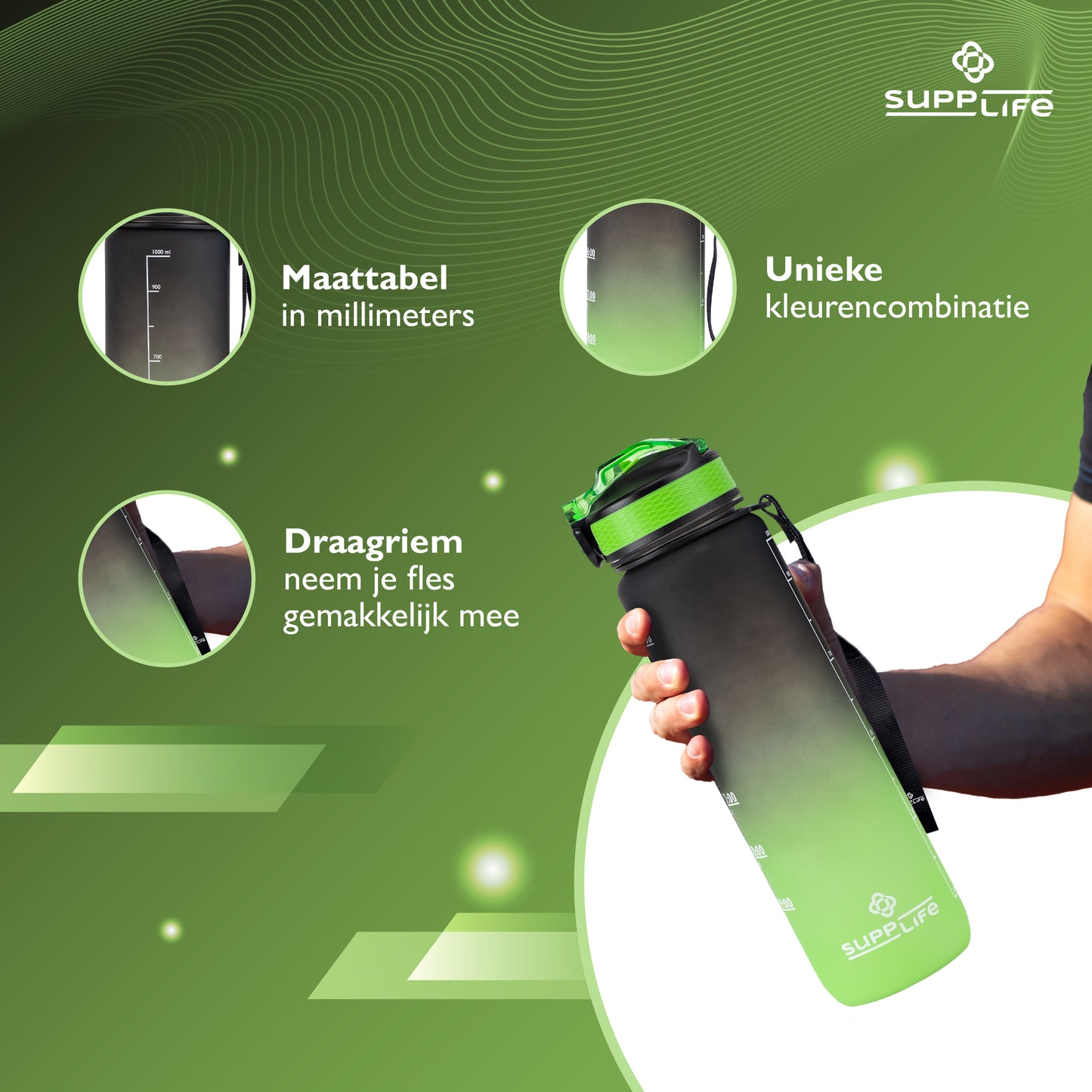 Supplife Nederlandse Motivatie Waterfles - Onyx Lime - 1 Liter