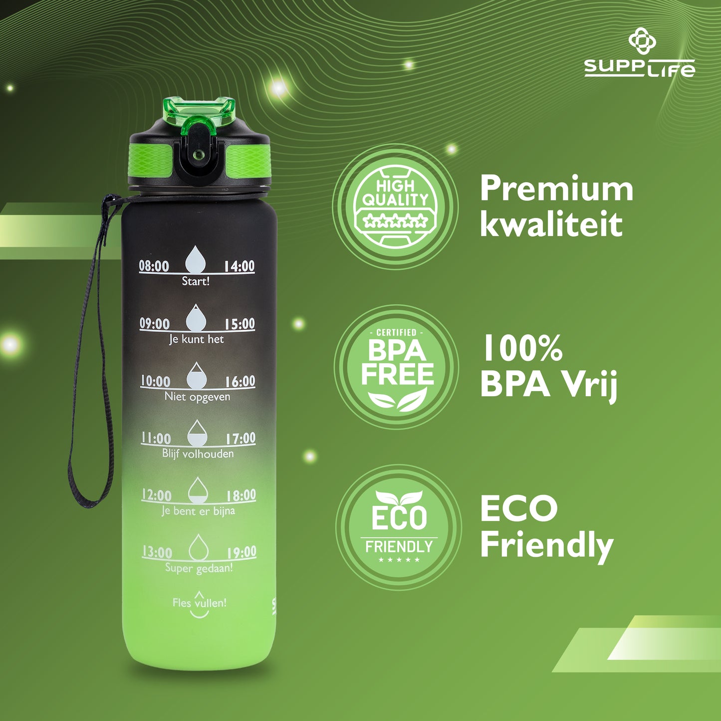Supplife Nederlandse Motivatie Waterfles - Onyx Lime - 1 Liter