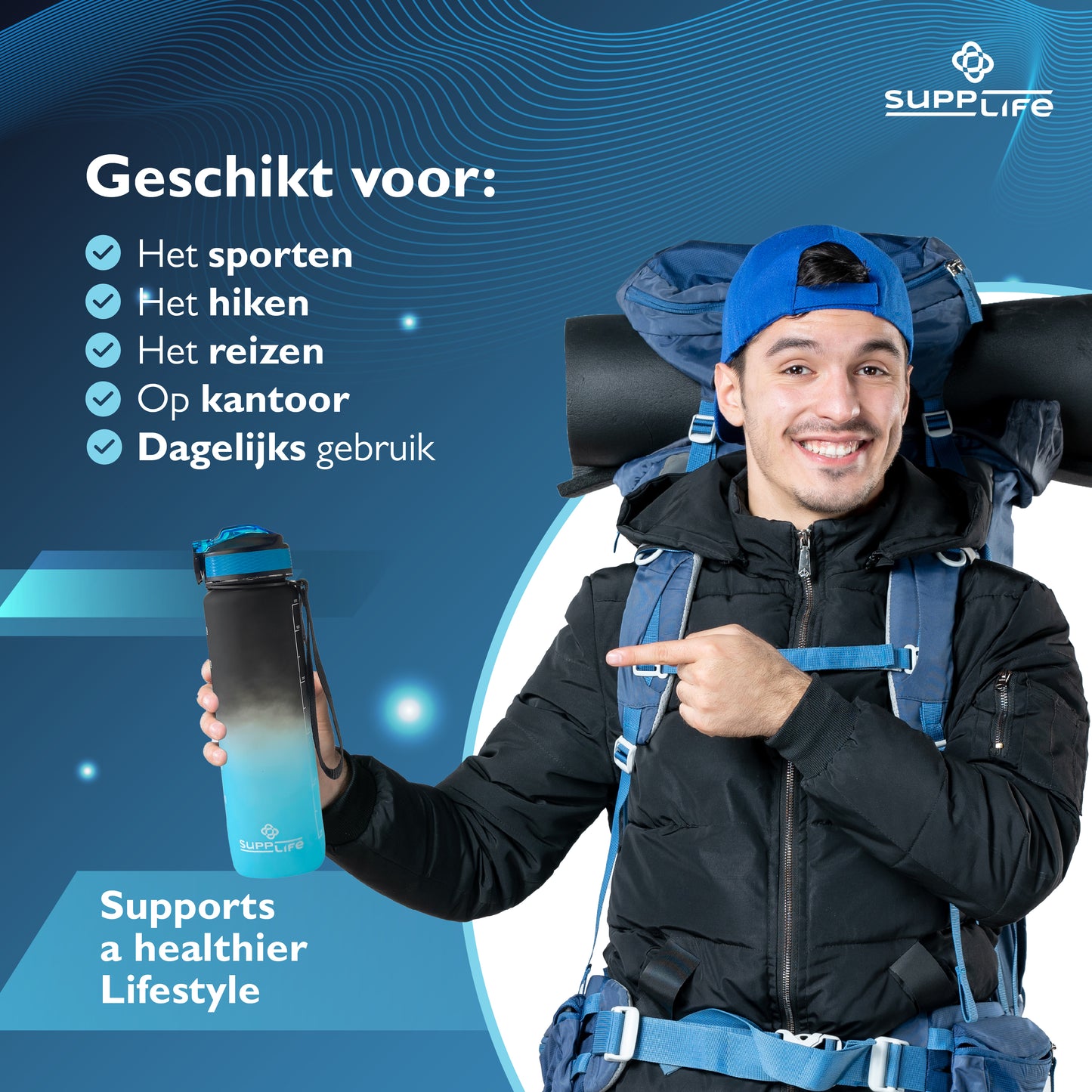 Supplife Nederlandse Motivatie Waterfles - Onyx Aqua - 1 Liter