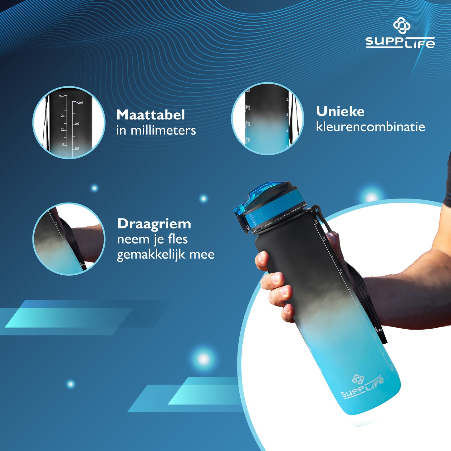 Supplife Nederlandse Motivatie Waterfles - Onyx Aqua - 1 Liter