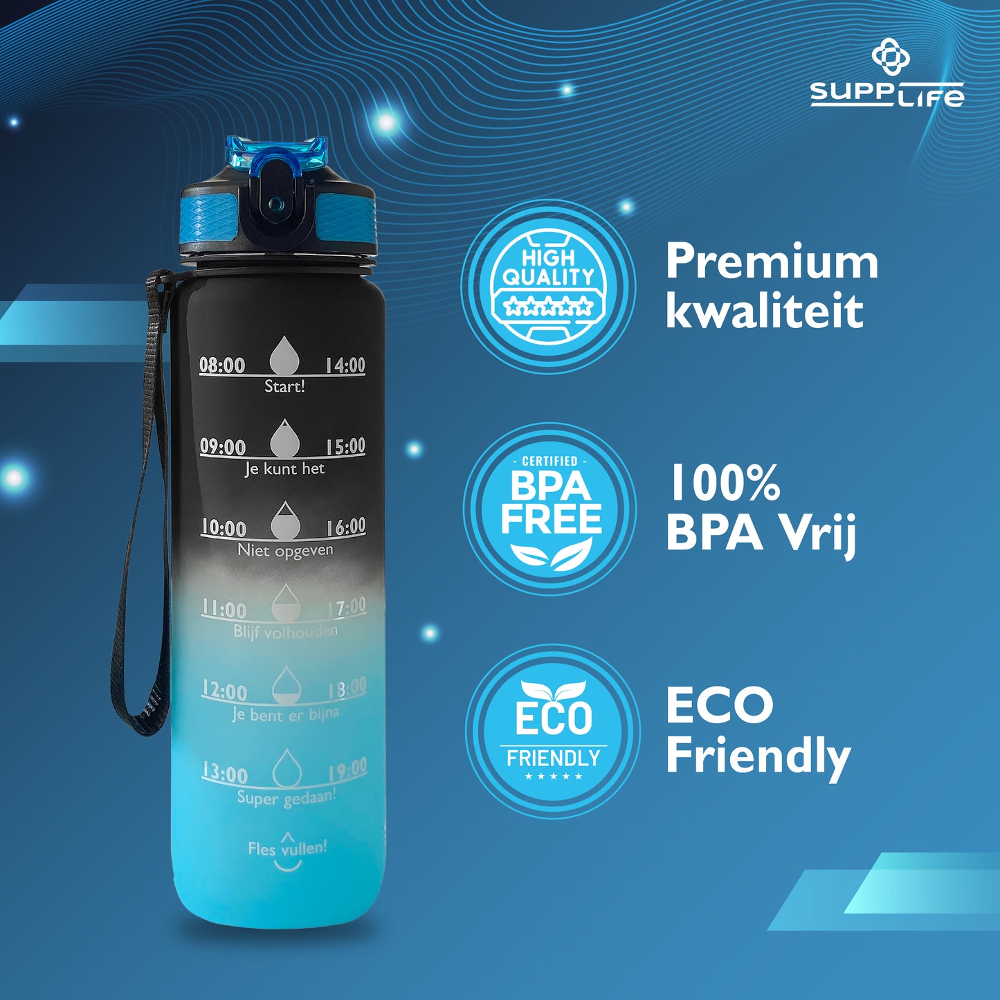 Supplife Nederlandse Motivatie Waterfles - Onyx Aqua - 1 Liter