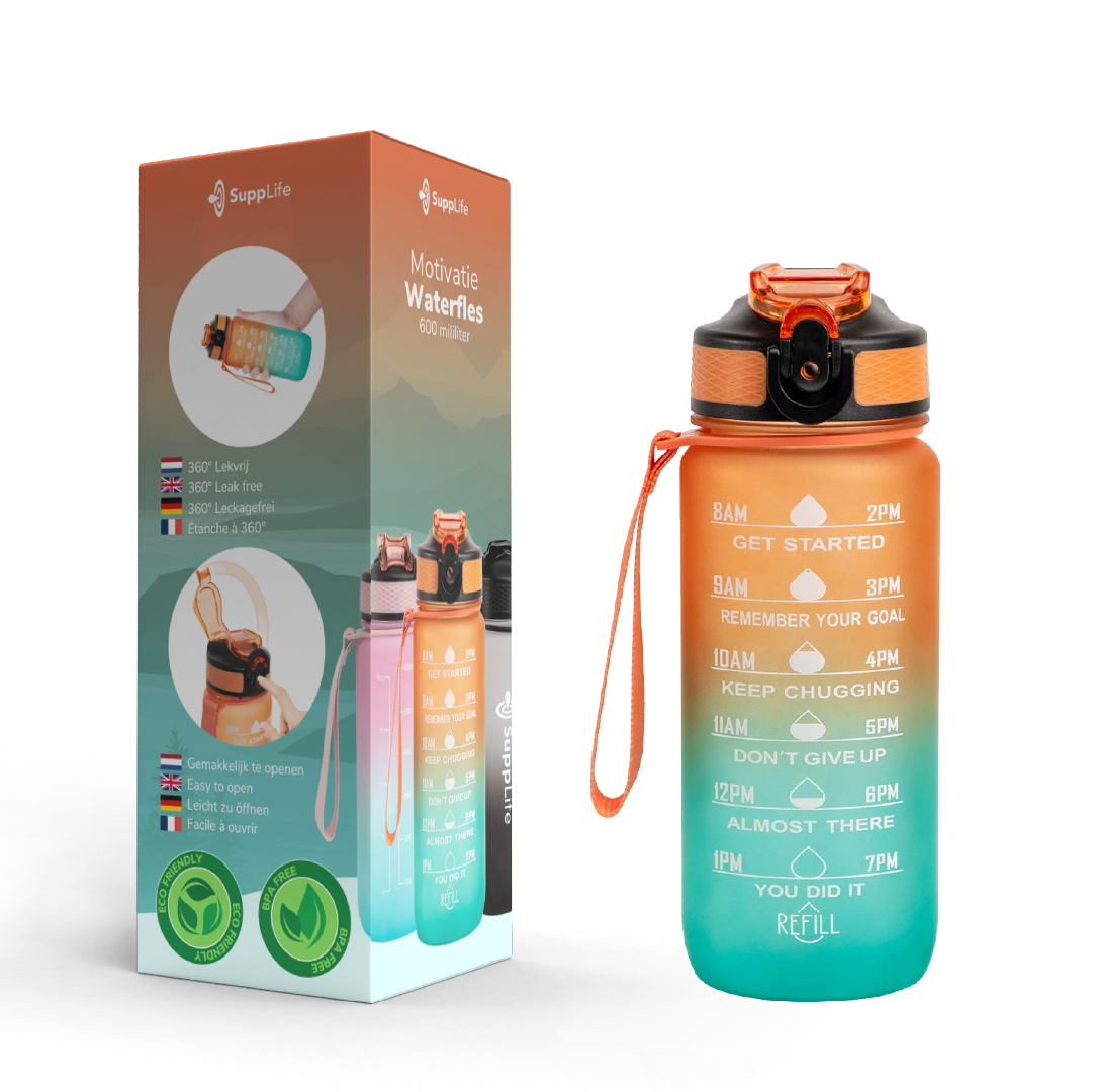 Supplife Motivatie Waterfles Oranje Cyaan - 600 ml