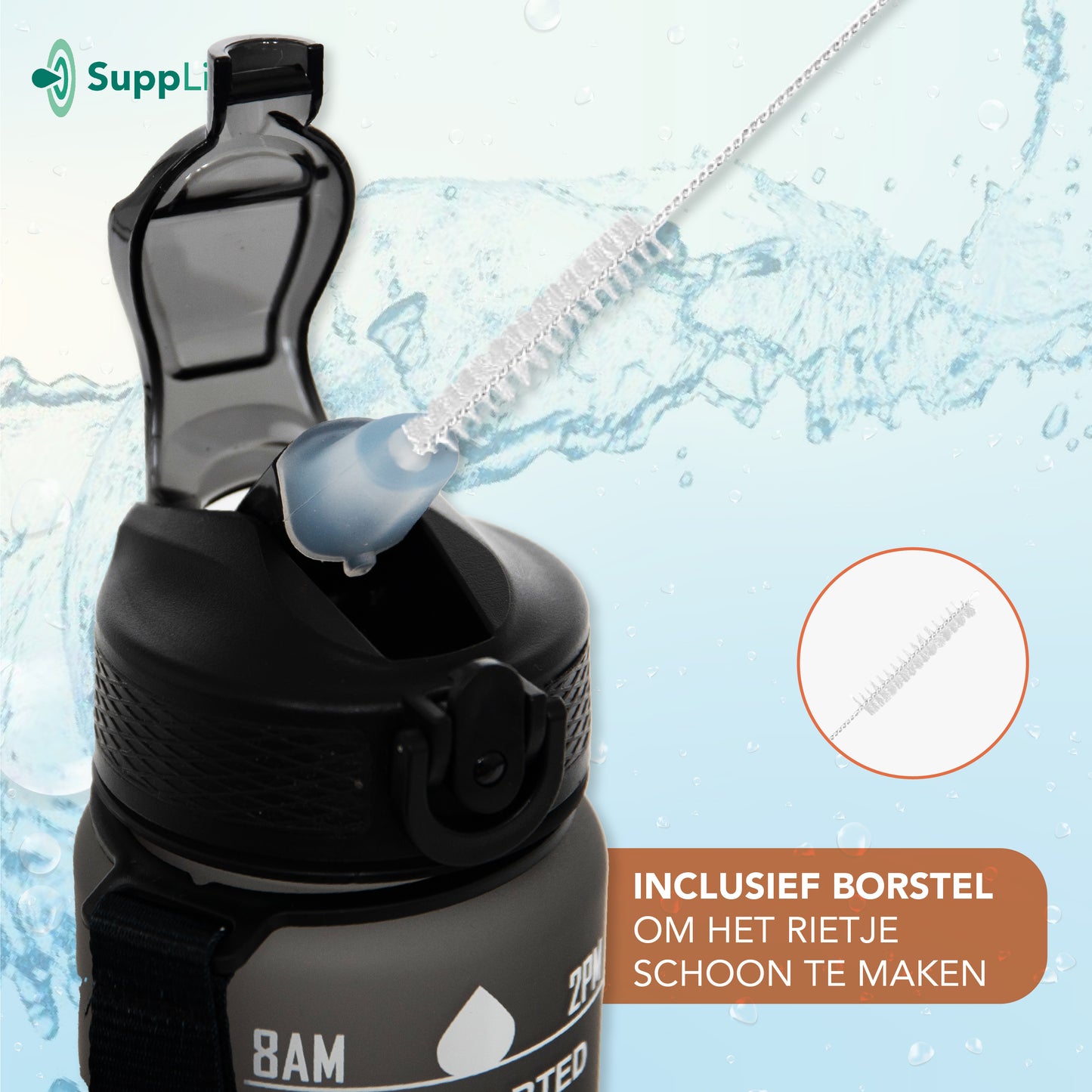 Supplife Motivatie Waterfles Zwart - 1 Liter