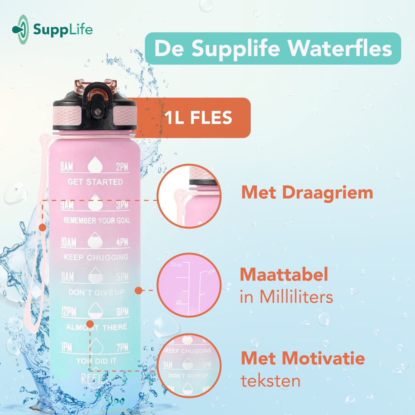 Supplife Motivatie Waterfles Pink Aqua - 1 Liter