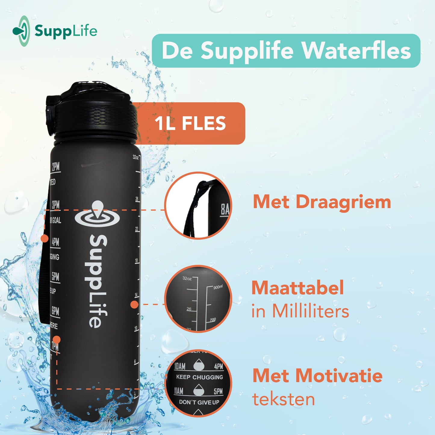 Supplife Motivatie Waterfles Zwart - 1 Liter