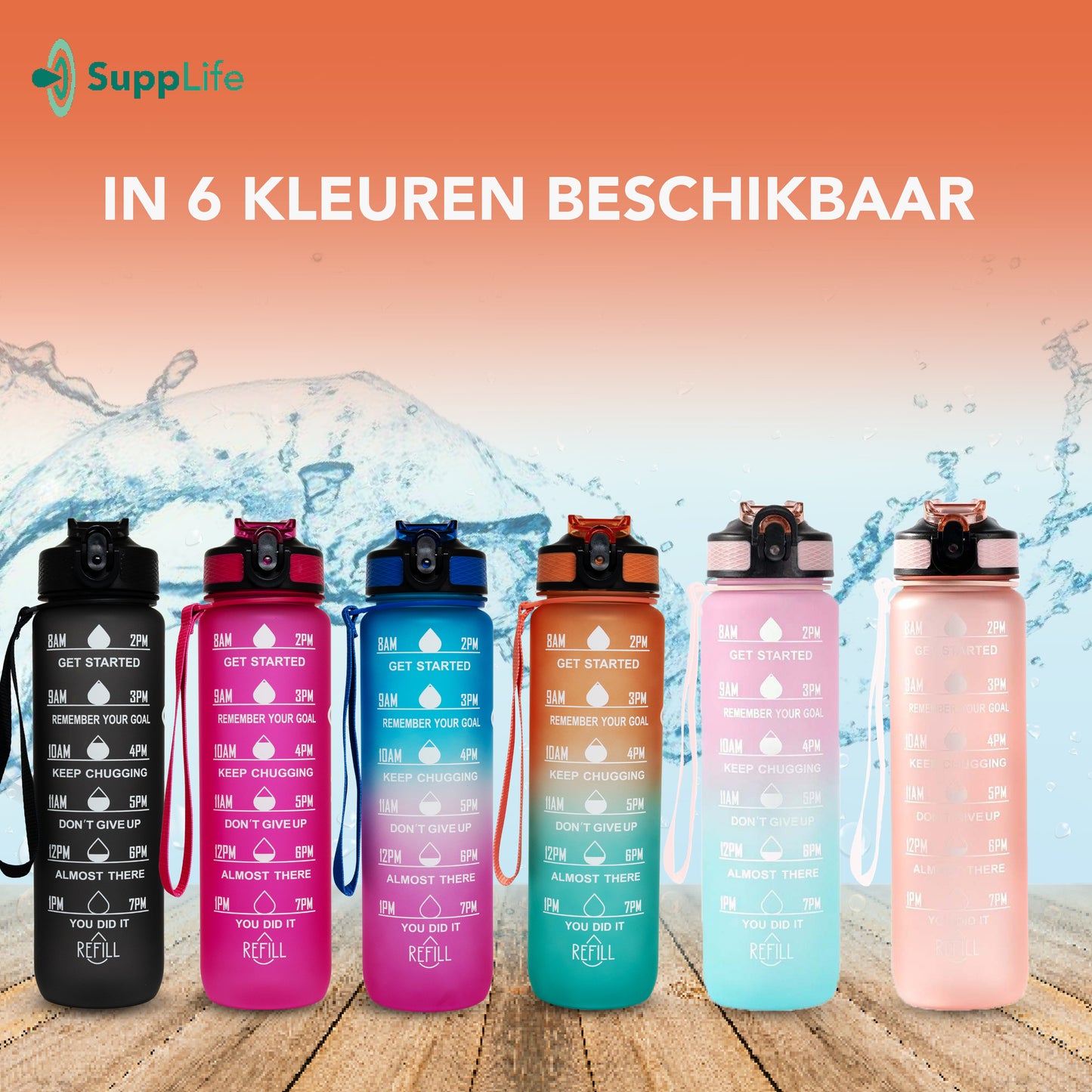 Supplife Motivatie Waterfles Zwart - 1 Liter