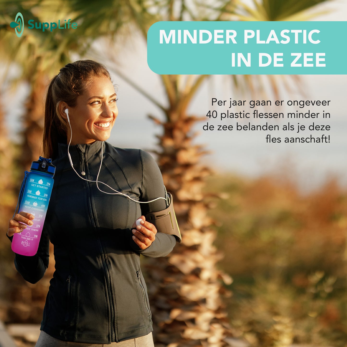 Supplife Motivatie Waterfles Blauw Roze - 1 Liter