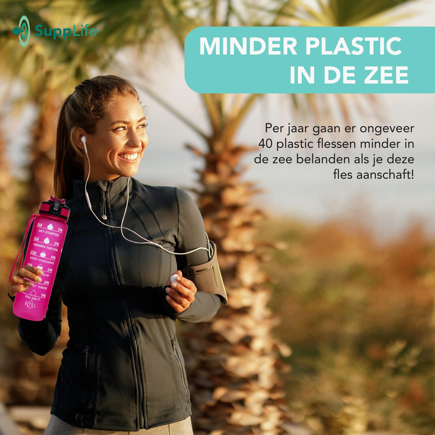 Supplife Motivatie Waterfles - Roze - 1 Liter
