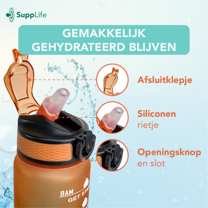 Supplife Motivatie Waterfles Oranje Cyaan - 600 ml