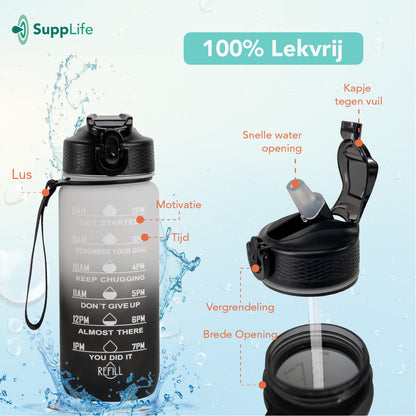 Supplife Motivatie Waterfles Wit Zwart - 600 ml