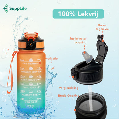 Supplife Motivatie Waterfles Oranje Cyaan - 600 ml