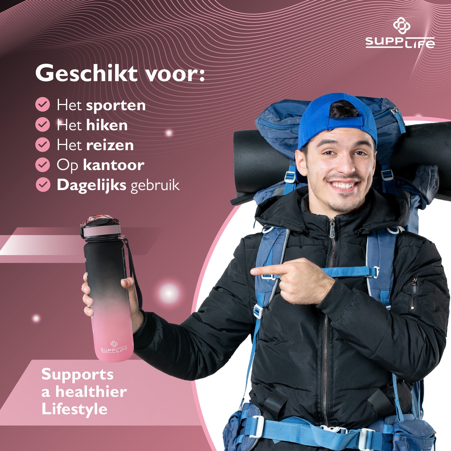 Supplife Nederlandse Motivatie Waterfles - Black Pink - 1 Liter