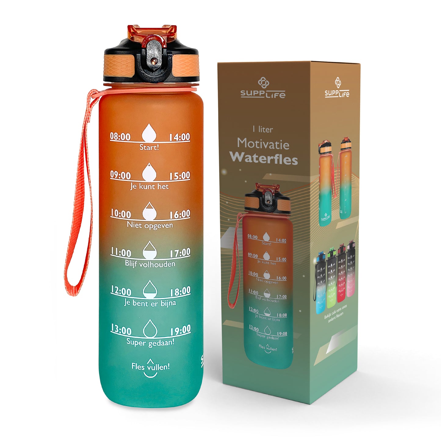 Supplife Nederlandse Motivatie Waterfles - Orange Cyan - 1 Liter