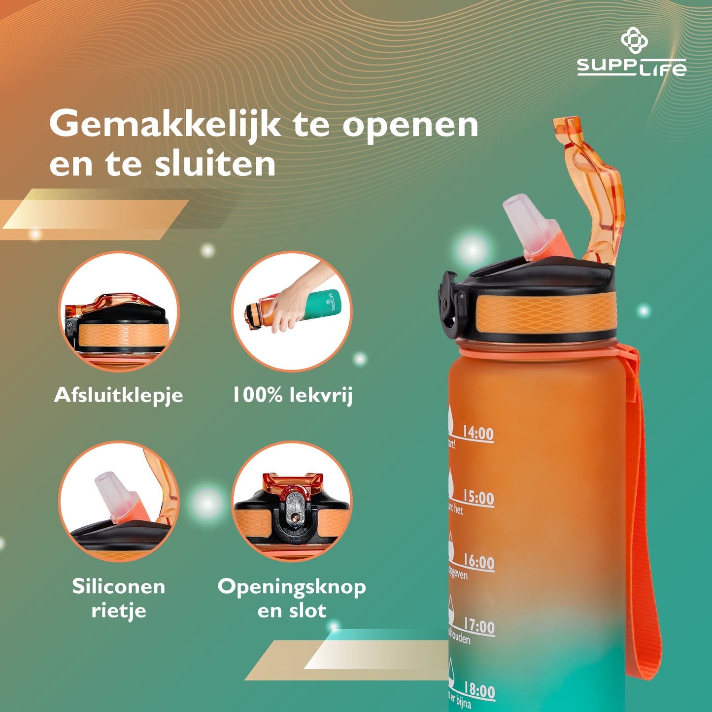 Supplife Nederlandse Motivatie Waterfles - Orange Cyan - 1 Liter