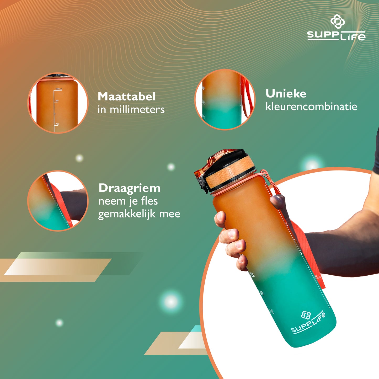 Supplife Nederlandse Motivatie Waterfles - Orange Cyan - 1 Liter