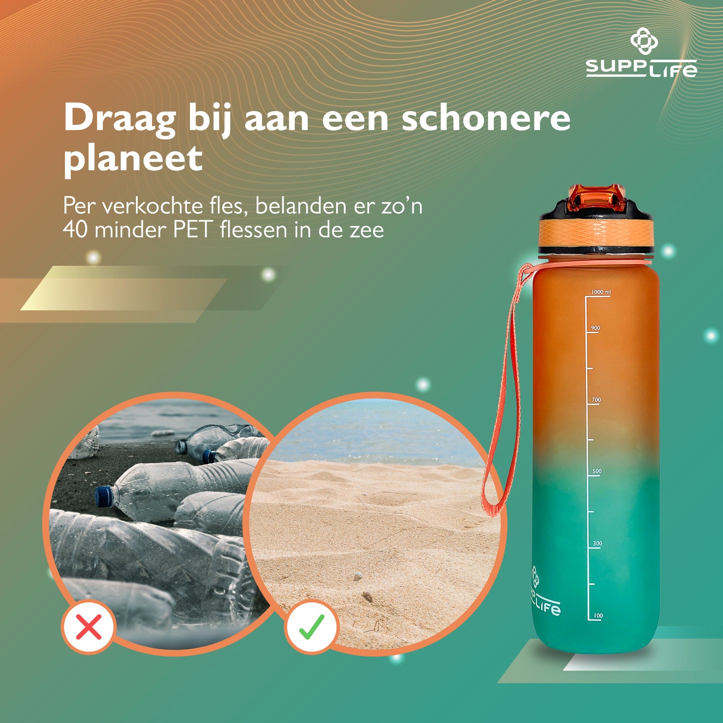 Supplife Nederlandse Motivatie Waterfles - Orange Cyan - 1 Liter