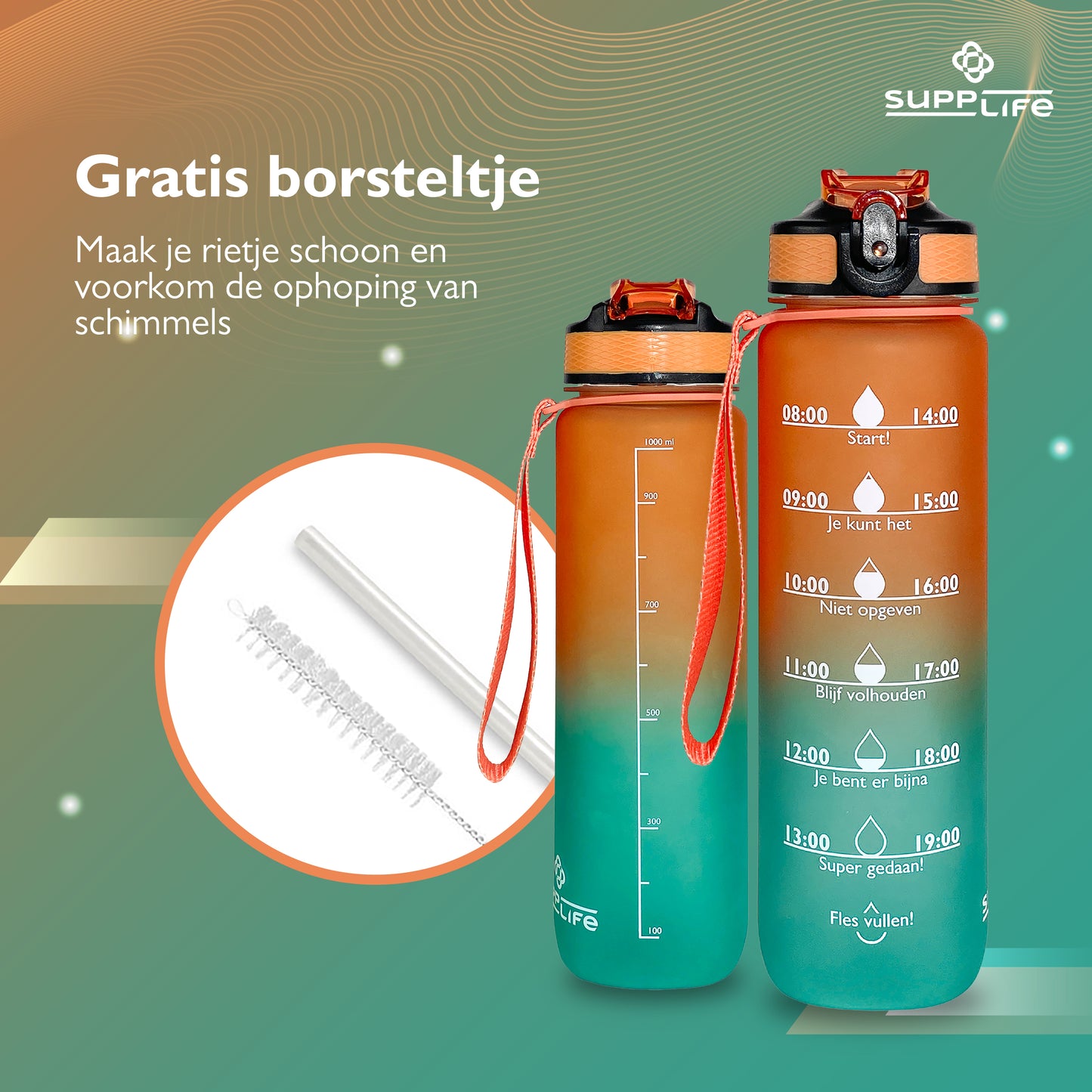 Supplife Nederlandse Motivatie Waterfles - Orange Cyan - 1 Liter