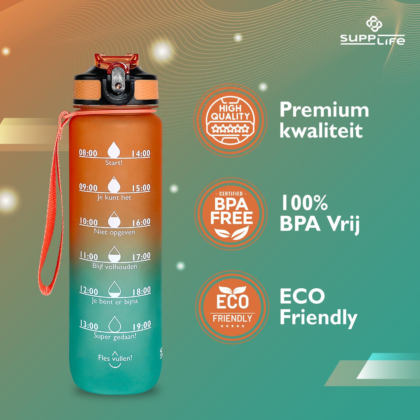 Supplife Nederlandse Motivatie Waterfles - Orange Cyan - 1 Liter