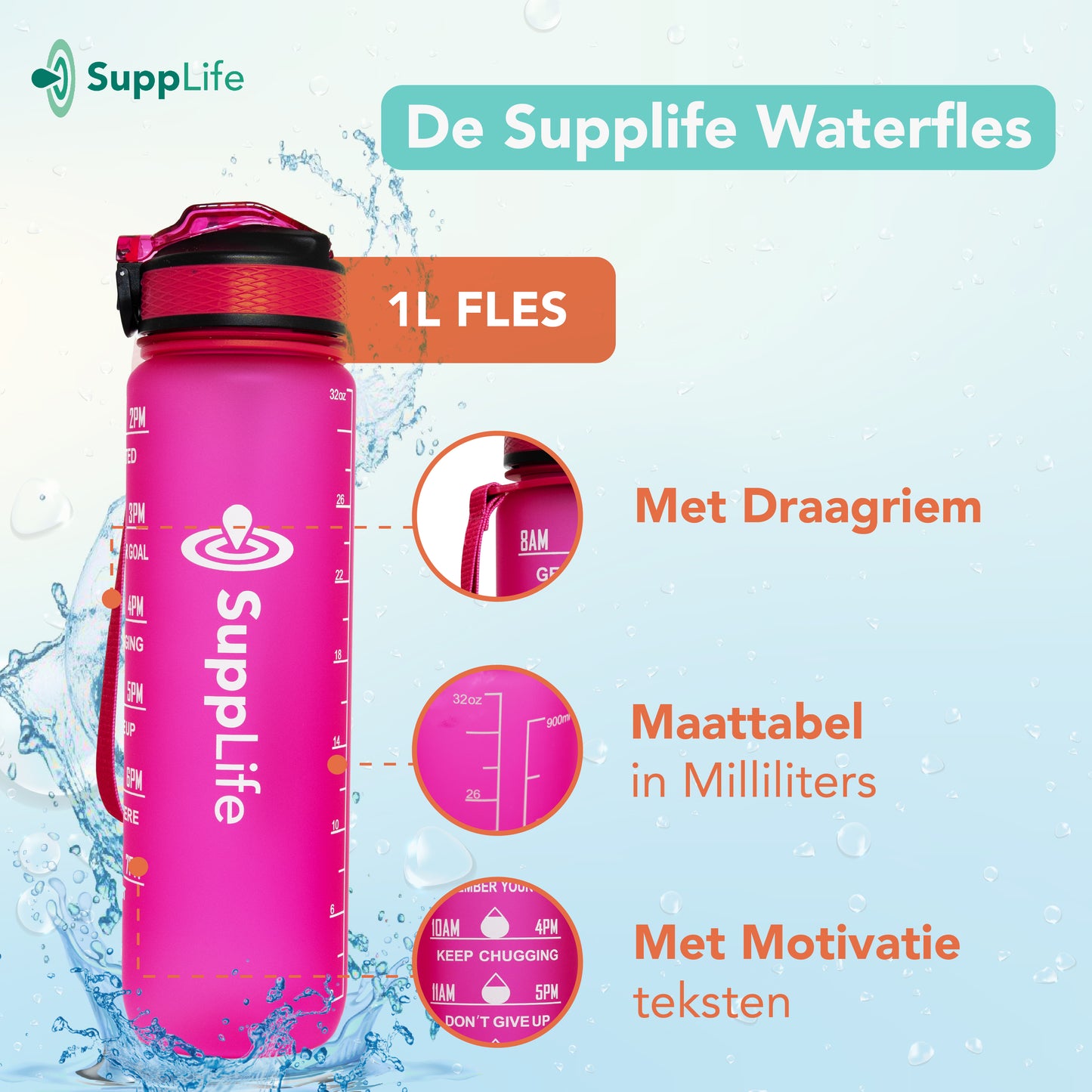 Supplife Motivatie Waterfles - Roze - 1 Liter