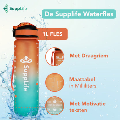Supplife Motivatie Waterfles Oranje Cyaan - 1 Liter