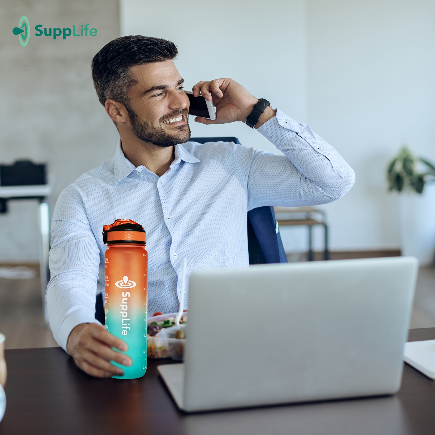 Supplife Motivatie Waterfles Oranje Cyaan - 1 Liter