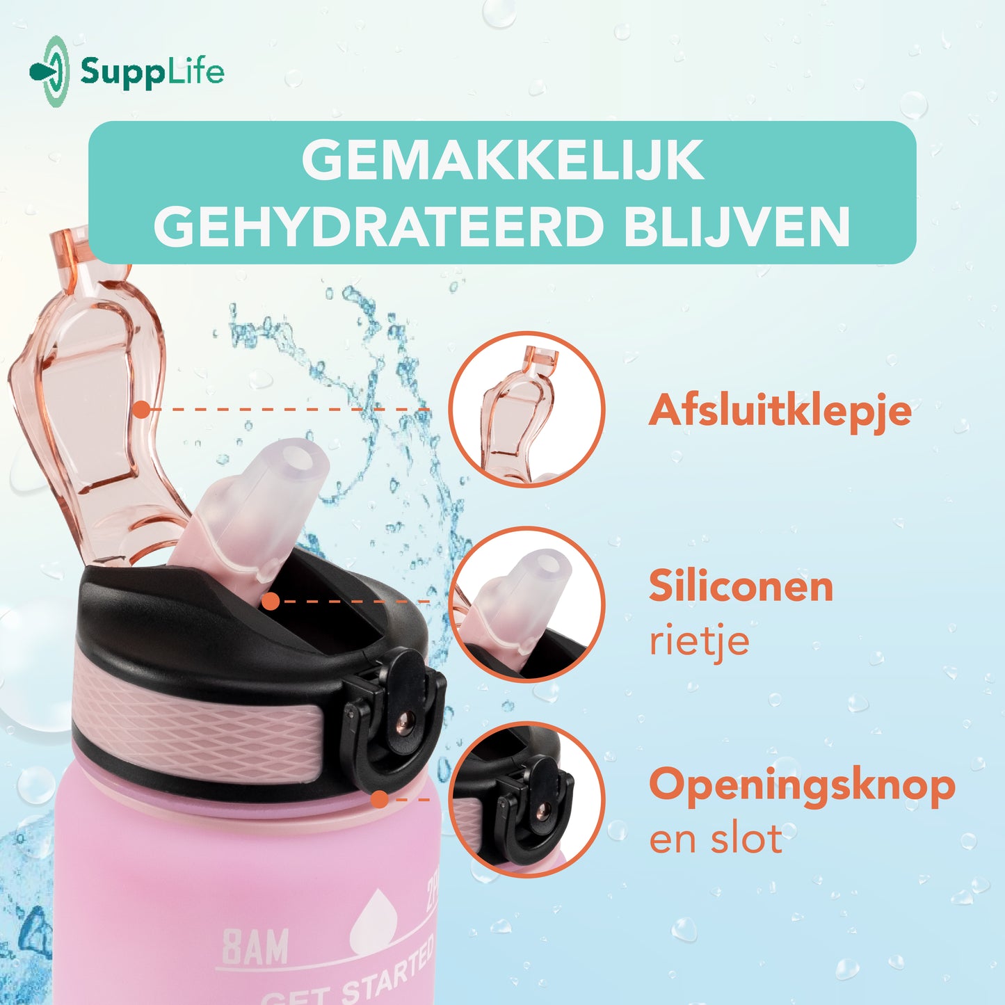 Supplife Motivatie Waterfles Pink Aqua - 1 Liter