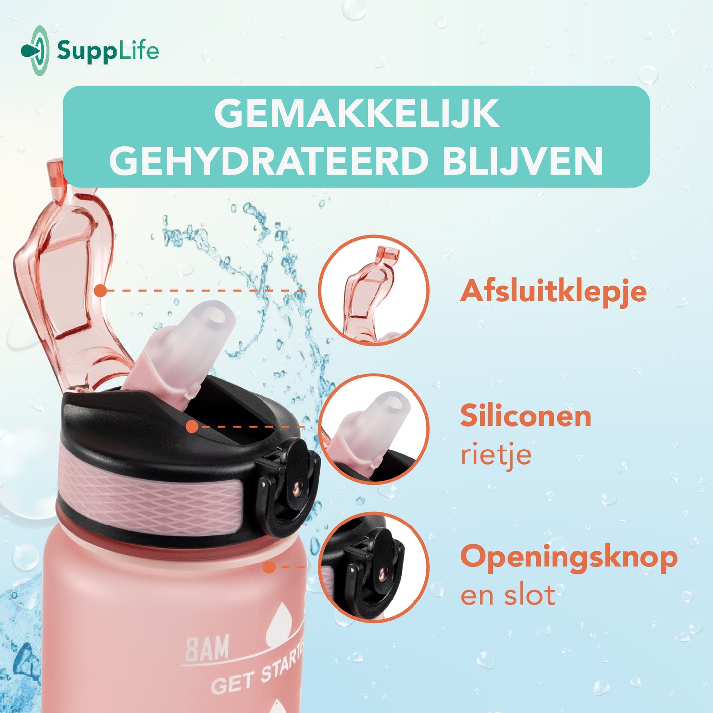 Supplife Motivatie Waterfles Rose Goud - 1 Liter