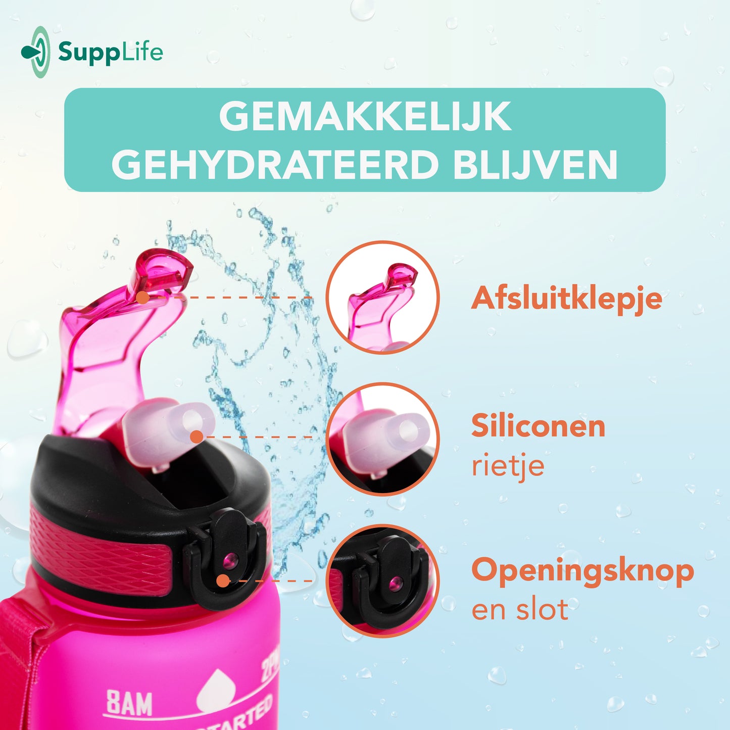 Supplife Motivatie Waterfles - Roze - 1 Liter